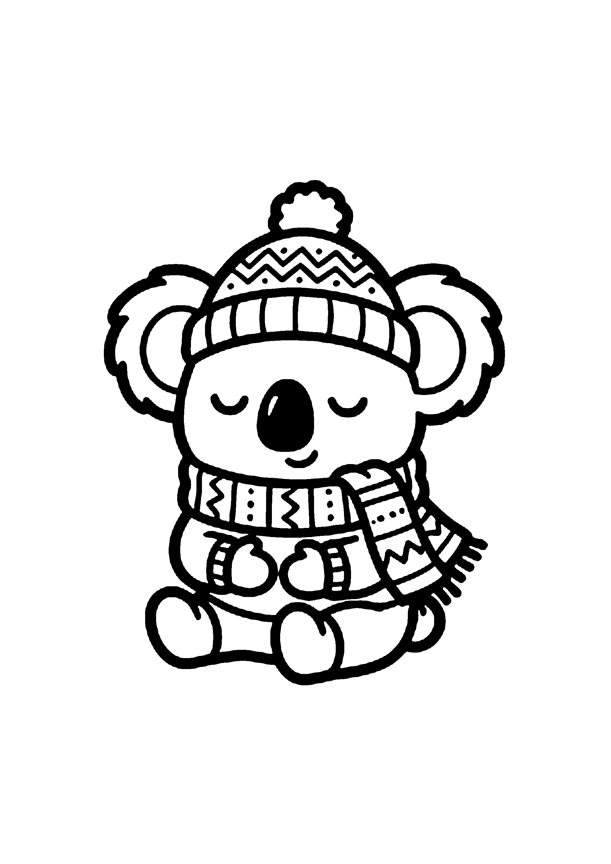 Coloriage aux contours nets : Koala d'Hiver avec Bonnet et Écharpe Chaude