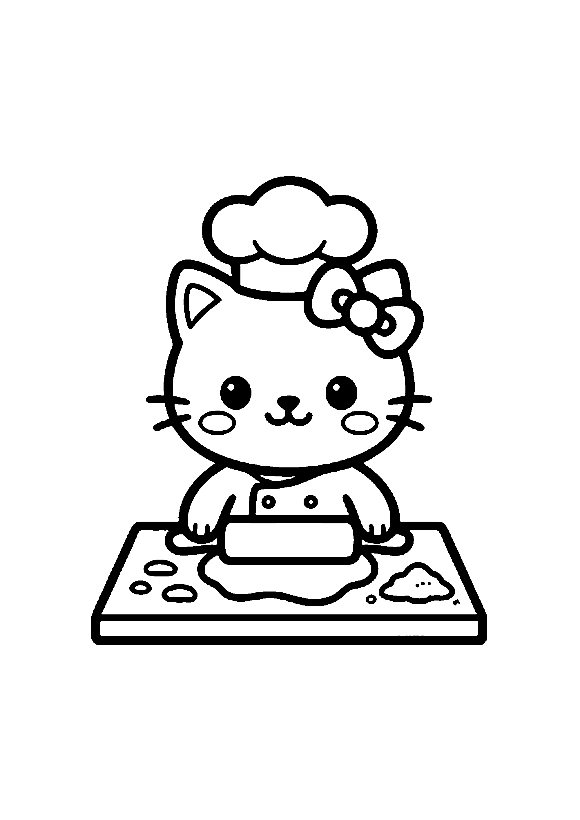 Coloriage aux contours nets : Hello Kitty Pâtissière avec Toque et Rouleau à Pâtisserie