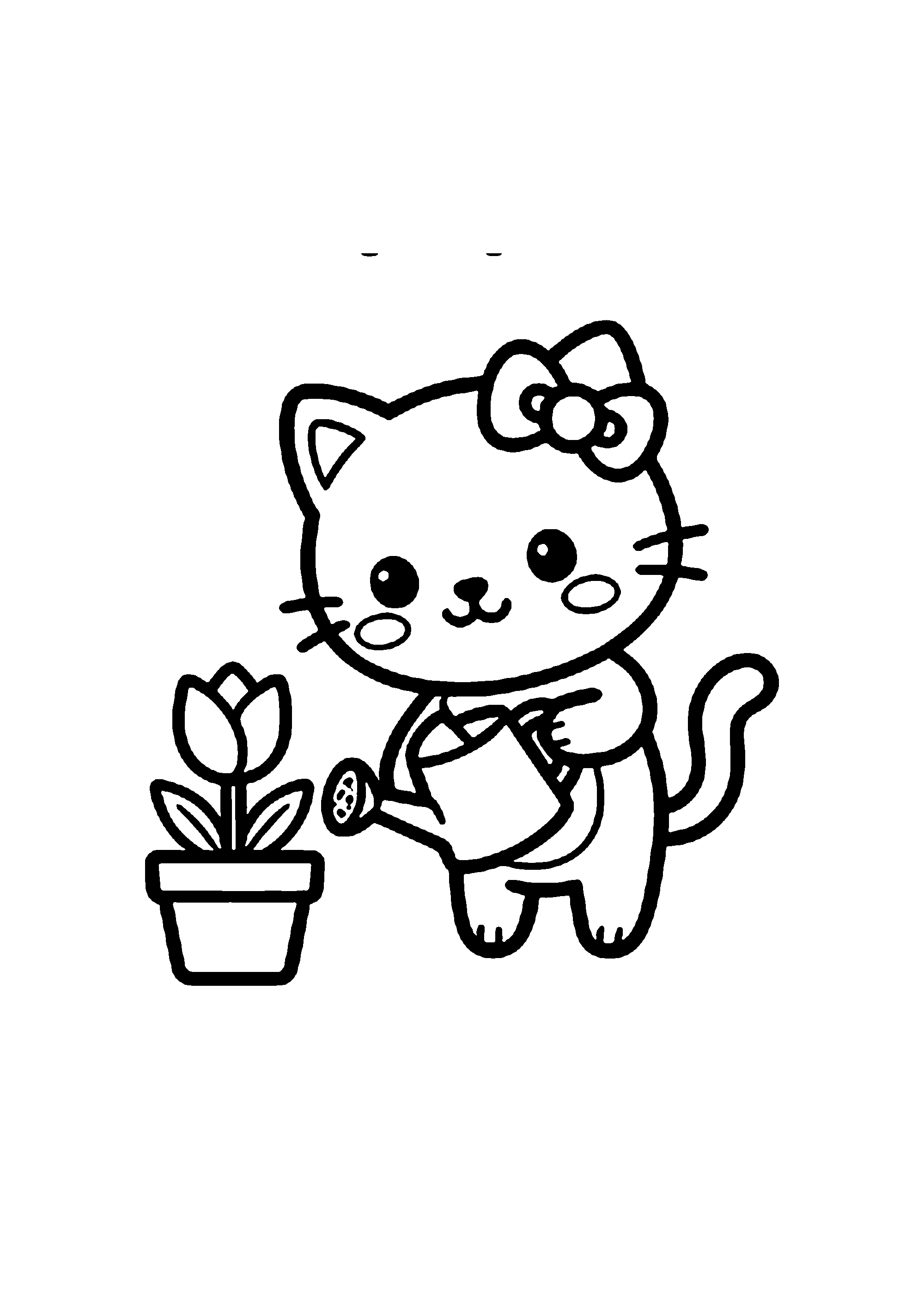Coloriage aux contours nets : Hello Kitty Arrosant les Tulipes du Jardin