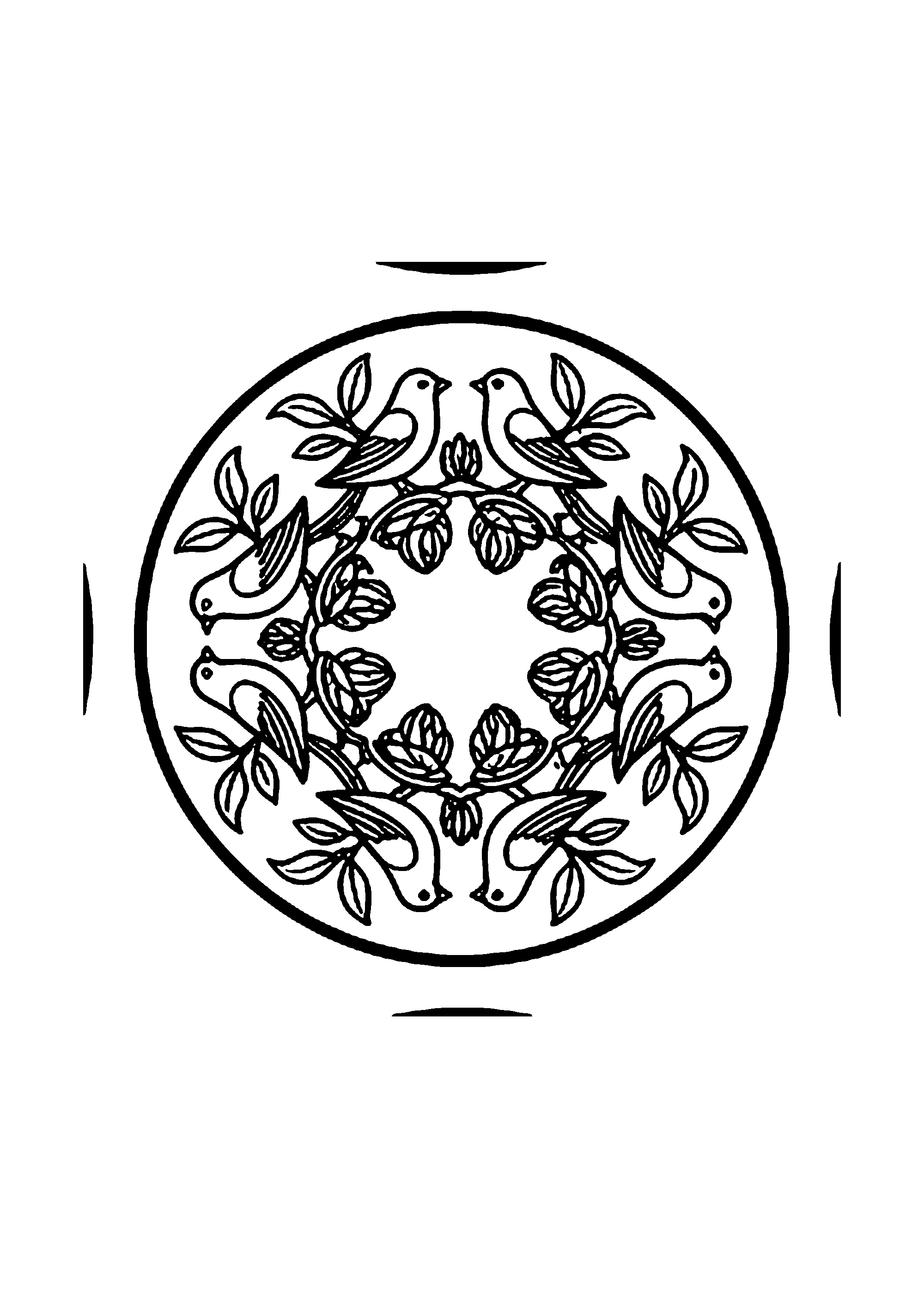 Coloriage aux contours nets : Mandala Oiseaux Chanteurs dans une Couronne de Fleurs