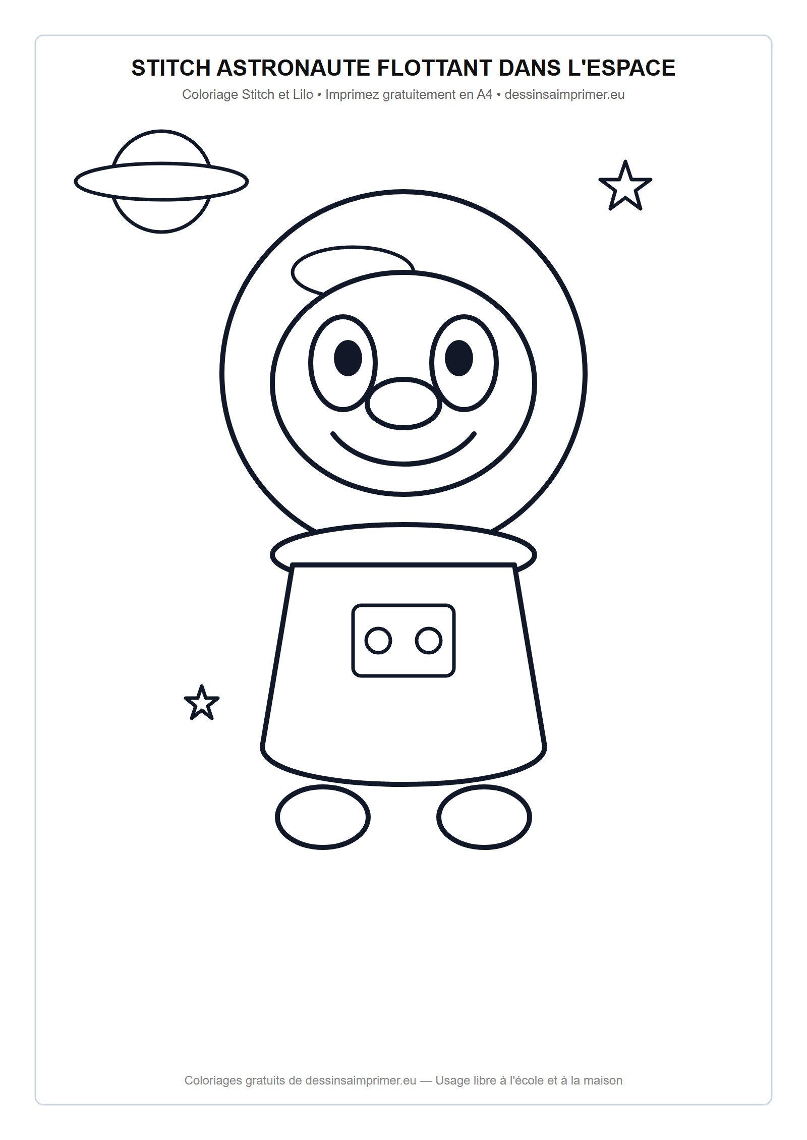 Coloriage aux contours nets : Stitch Astronaute Flottant dans l'Espace